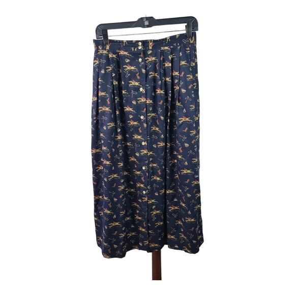 David Brooks Blue Tan Red Horse Equestrian Print Pleated Vintage Maxi Skirt 12 - Picture 1 of 4